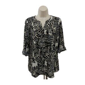 Notations Blouse Size Medium Black Leaf Button Front V-Neck 3/4 Roll Tab Sleeves